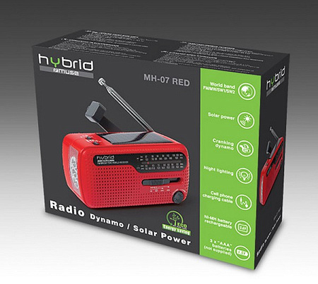 MUSE MH-07 RED, Tuner FM, Clocks, Cranking Dynamo, Solar Power, RED