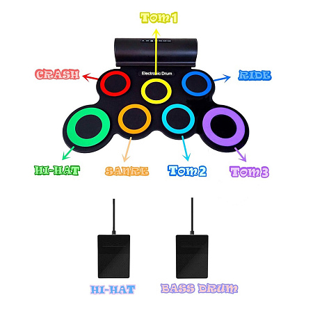 Roll Drum with Built-in Speakers, 7 pads Electronic, Rainbow Color (Damaged Box)