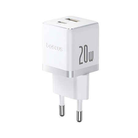 Baseus Wall Charger GaN 1*Type-C+1*USB-A 20W, Palm Series, Moon White