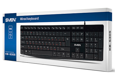 Keyboard SVEN KB-S305, Fn keys, Low profile, Splash proof, 1.5m, USB, EN/RU, Black