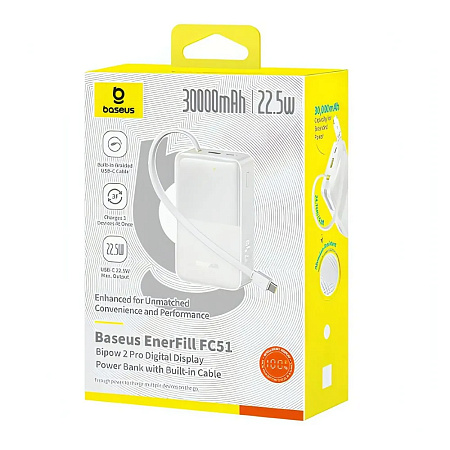 Baseus Power Bank 30000mAh 22,5W with Cable Type-C 0.3m, EnerFill FC51 Bipow 2 Pro Digital Display,  Moon White