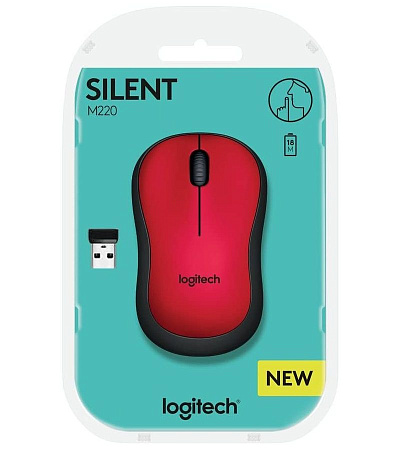 Wireless Mouse Logitech M220 Silent, 1000 dpi, 3 buttons, Ambidextrous, 75,2g., 1xAA, 2,4Ghz, Red
