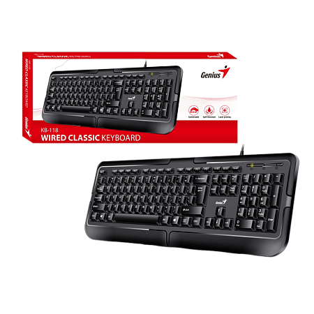 Keyboard Genius KB-118, Classic, Laser-Printed Keycaps, Concave keycap, Spill Resistant, 1.4m, USB, 