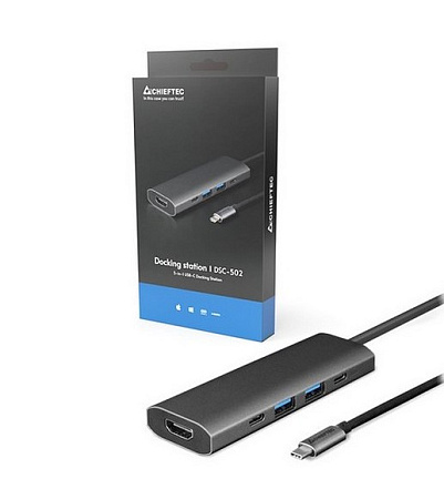 Docking Station Chieftec DSC-502, 5-in-1, 2xUSB-C, 2xUSB3.2, HDMI, PD 80W, Aluminum, Titanium grey