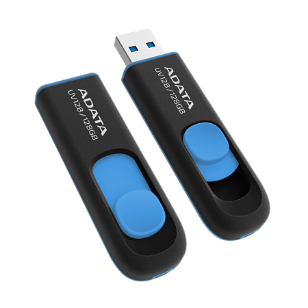 128GB  USB3.1 Flash Drive ADATA "UV128", Black-Blue, Plastic, Slider (R/W:90/40MB/s)