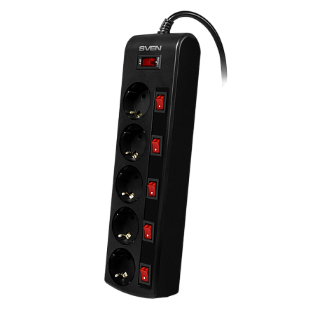 Surge Protector   5 Sockets,  3.0m,   Sven "SF-05PL", BLACK, individual switches, flame-retardant