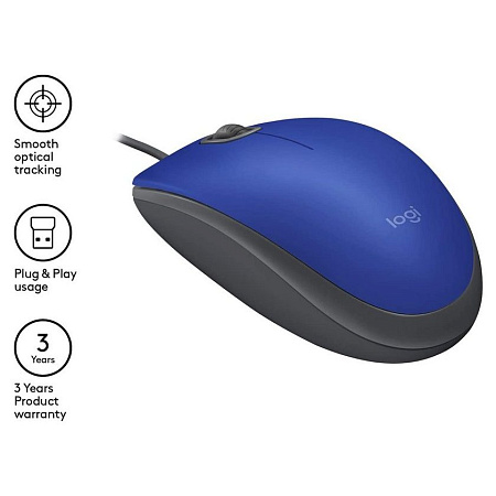 Mouse Logitech M110 Silent, 1000 dpi, 3 buttons, Ambidextrous, 85g., 1,8m, USB, Blue
