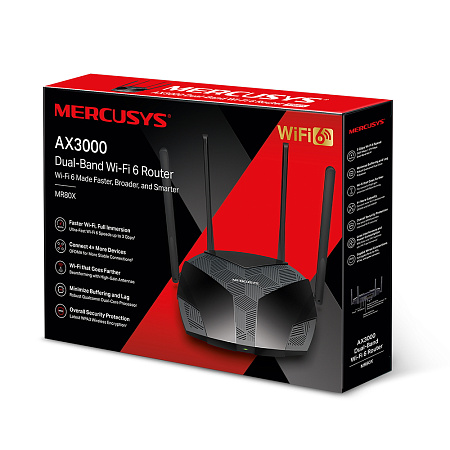 Wi-Fi 6 Dual Band Mercusys Router "MR80X", 3000Mbps, OFDMA, MU-MIMO, 3xGbit Ports Wi-Fi 6 Dual Band Mercusys Router "MR80X", 3000Mbps, OFDMA, MU-MIMO, 3xGbit Ports