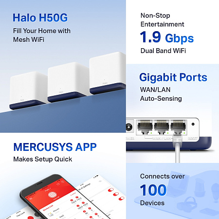 Whole-Home Mesh Dual Band Wi-Fi AC System MERCUSYS, "Halo H50G(3-pack)", 1900Mbps,MU-MIMO,Gbit Ports Whole-Home Mesh Dual Band Wi-Fi AC System MERCUSYS, "Halo H50G(3-pack)", 1900Mbps,MU-MIMO,Gbit Ports