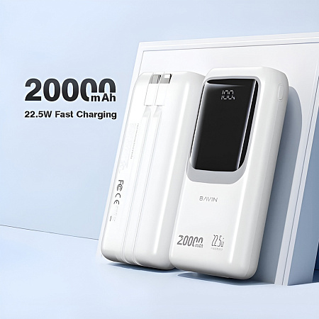 BAVIN Power Bank 20000mAh, 22.5W Fast Charging, Built-in Type-C & Lightning Cables, White