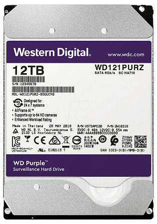 3.5" HDD 12.0TB-SATA-256MB Western Digital  "Purple (WD121PURZ)", Surveillance, CMR
