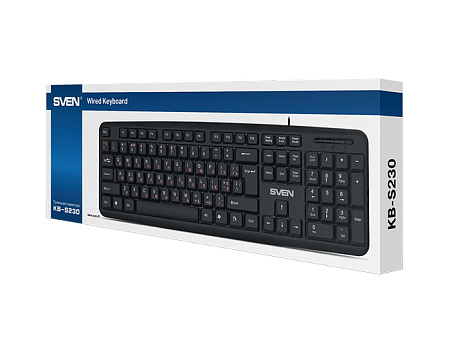 Keyboard SVEN KB-S230, Standard layout, Splash proof, 2m, USB, EN/RU, Black