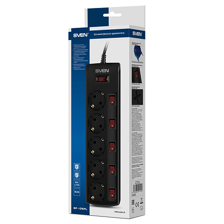 Surge Protector   5 Sockets,  1.8m,   Sven "SF-05PL", BLACK, individual switches, flame-retardant