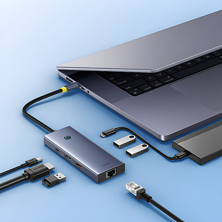 Baseus HUB 7in1 Type-C to HDMI4K@60Hz*1+USB-A 3.1*2+Type-C 3.1*1+USB-A2.0*1+PD*1+RJ45*1, UltraJoy Series, Space Gray