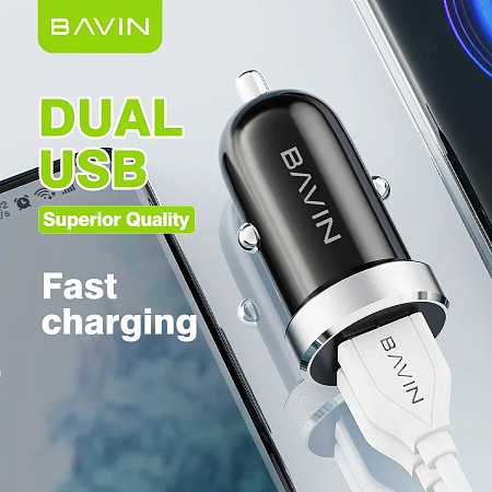 BAVIN Car Charger Dual USB Universal + Cable Type-C, 2.4A,12W, Black