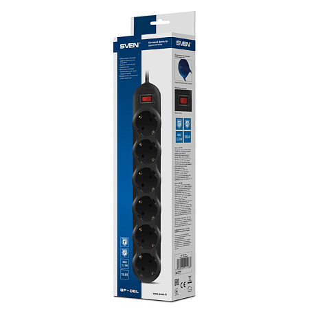 Surge Protector   6 Sockets,  3.0m,  Sven "SF-06L", BLACK, Retail color box, flame-retardant