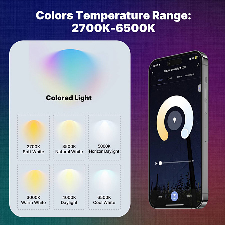 Moes ZigBee LED Downlight Spotlights 2700K-6500K RCB+C+W, 1400lm, Beam Angle 120°, 12W Moes ZigBee LED Downlight Spotlights 2700K-6500K RCB+C+W, 1400lm, Beam Angle 120°, 12W