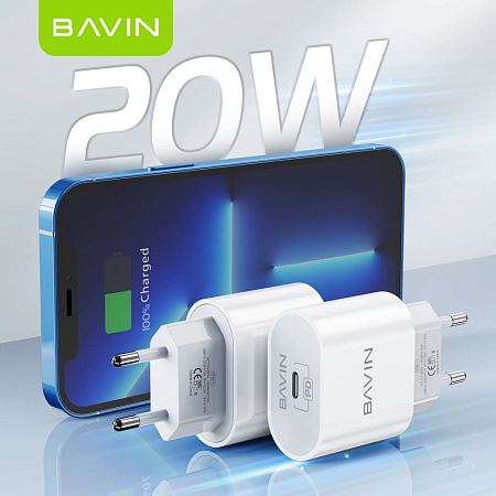 BAVIN Wall Charger PD 20W Fast Charge, Type-C Port, White