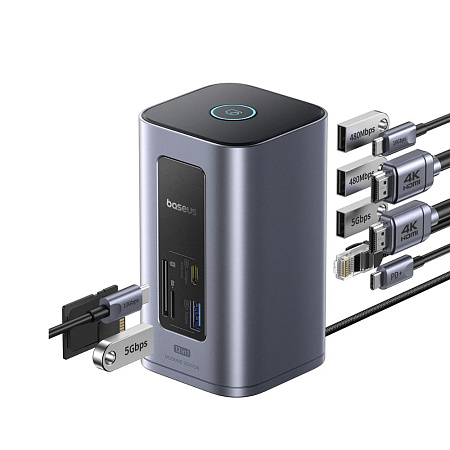 Baseus DS Type-C to 2*HDMI 4K@60Hz+2*USB-C (10Gbps)+2*USB-A (5Gbps)+2*USB-A (480Mbps)+1*RJ45+SD/TF 3.0+1*USB-C (PD), Space Grey