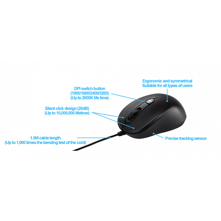Mouse Asus MU101C Silent, 1000-3200 dpi, 4 buttons, Ambidextrous, 85g, 1.5m, USB, Black