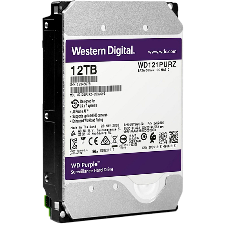 3.5" HDD 12.0TB-SATA-256MB Western Digital  "Purple (WD121PURZ)", Surveillance, CMR