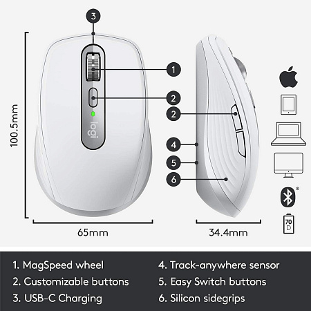 Wireless Mouse Logitech MX Anywhere 3 for Mac, 200-4000 dpi, 6 buttons, Ambidextrous, 99g, 500mAh, B