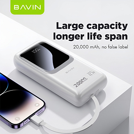 BAVIN Power Bank 20000mAh, 22.5W Fast Charging, Built-in Type-C & Lightning Cables, White