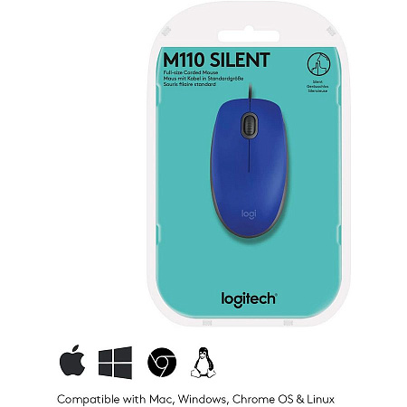 Mouse Logitech M110 Silent, 1000 dpi, 3 buttons, Ambidextrous, 85g., 1,8m, USB, Blue