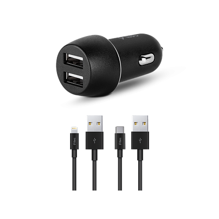ttec Car Charger Duo 2*USB-A 3.1A with Lightning and Type-C Cable, Black