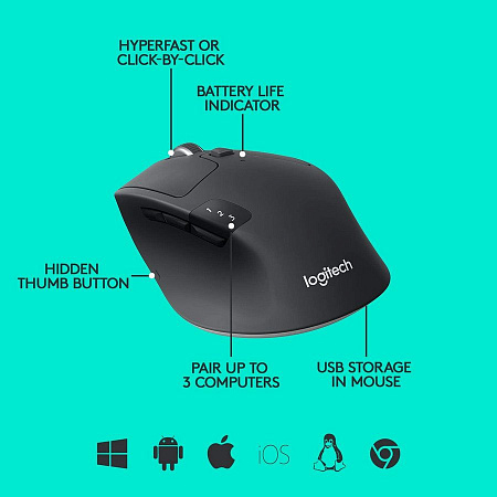 Wireless Mouse Logitech M720 Triathlon, 1000 dpi, 8 buttons, Ergonomic, 135g., Hyper Scroll, 1xAA, U