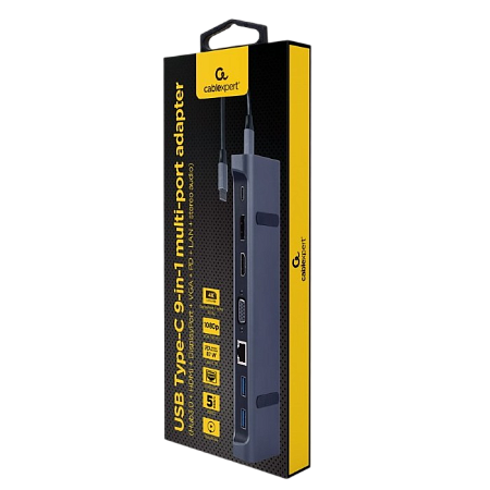 Docking Station Gembird A-CM-COMBO9-02, 3xUSB3.1, USB-C, HDMI, DP, VGA, LAN, 3.5mm, PD 87W, Metal ho