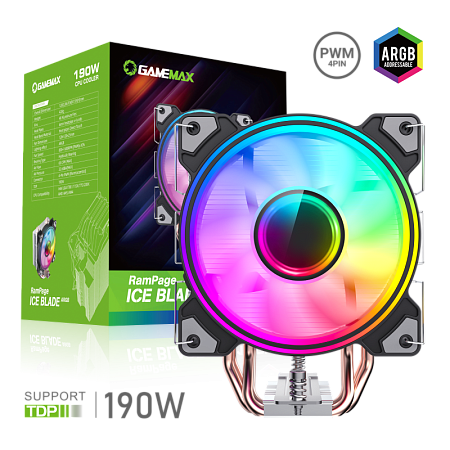 AC Gamemax "Ice-Blade ARGB" ( <32,6db, 800-1600RPM, 68CFM, 120mm, PWM, ARGB, 4x6mm, 190W, 428g.)
