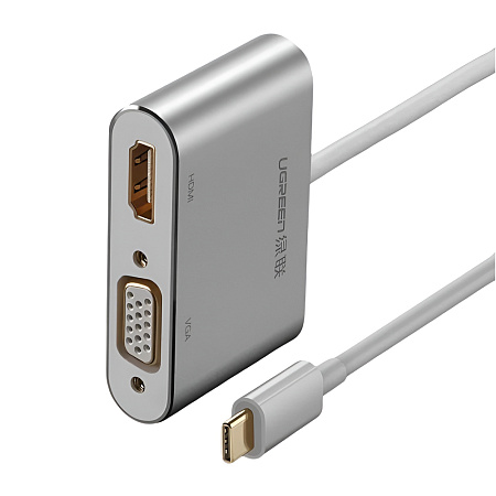 UGREEN Adapter USB-C to HDMI 4K@30Hz + VGA 1080p@60Hz (simultaneously use) with PD | CM162, Silver