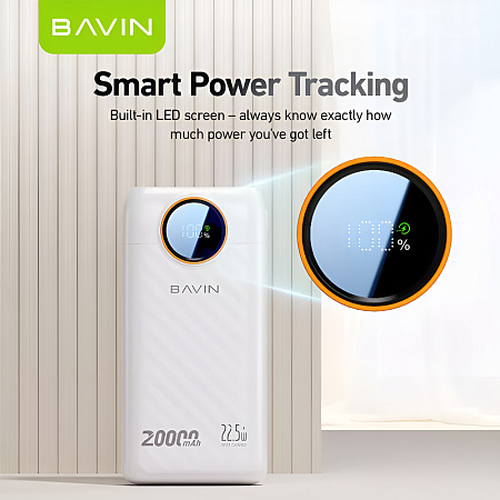BAVIN Power Bank 20000mAh, 22.5W Fast Charging, Built-in Dual Cables, LED Display, White