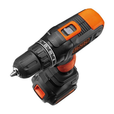 Drill/Driver Black+Decker (BCD7122CK-RU) 10.8V Li-Ion 2x1.5 Ah + Kitbox, 2 Speed 0-1400 rpm, LED, 26