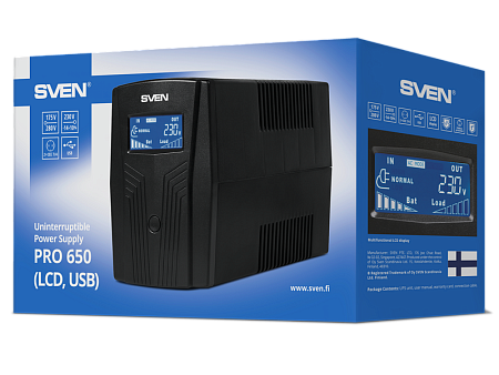 UPS SVEN Pro  650, 650VA/390W, Line Interactive, AVR, LCD, USB, 2xShuko Sockets