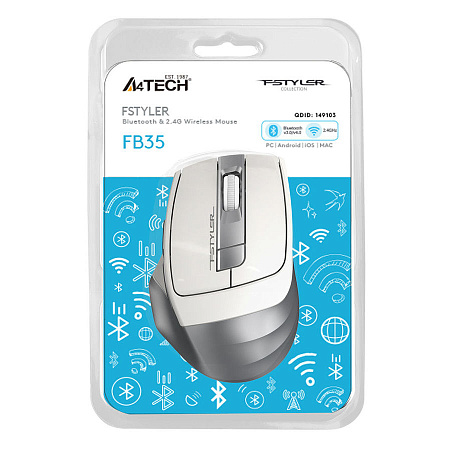 Wireless Mouse A4Tech FB35, 1200-2000 dpi, 6 buttons, 96g, Ergonomic, Programmable, 1xAA, BT+2.4Ghz,