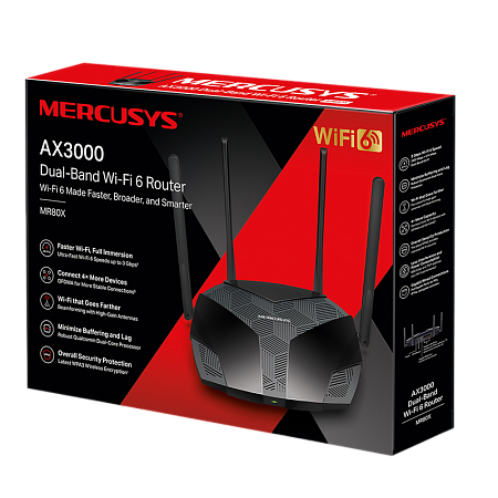 Wi-Fi 6 Dual Band Mercusys Router "MR80X", 3000Mbps, OFDMA, MU-MIMO, 3xGbit Ports Wi-Fi 6 Dual Band Mercusys Router "MR80X", 3000Mbps, OFDMA, MU-MIMO, 3xGbit Ports