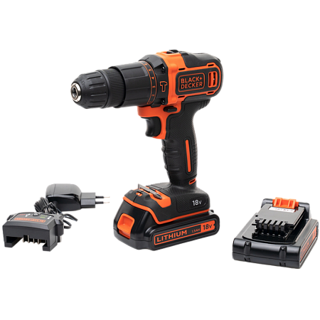 Hammer Drill/Driver Black+Decker (BDCHD18KB-QW) 18V Li-Ion 2x1.5 Ah + Kitbox, LED,2 Speed 0-1400 rpm