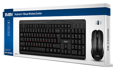 Wireless Keyboard & Mouse SVEN KB-C3400W, Multimedia, Splash proof, 1600 dpi, 6 buttons, Ambidextrou
