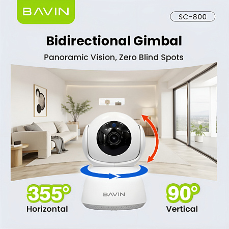 BAVIN Home Smart Wi-Fi Camera 3MP, PTZ (Human Tracking), Two-Way Audio, With Charger & Bracket, White