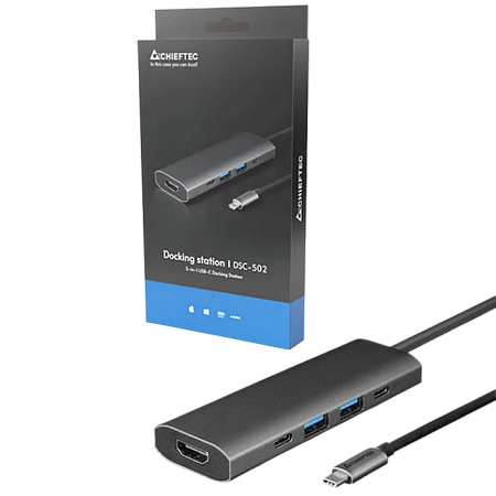 Docking Station Chieftec DSC-502, 5-in-1, 2xUSB-C, 2xUSB3.2, HDMI, PD 80W, Aluminum, Titanium grey