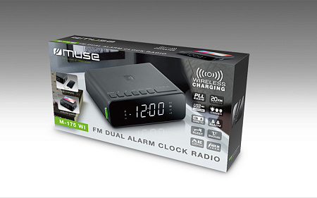 MUSE M-175 WI, Tuner FM, Clocks, Wireless charging 5W, USB charging Port, Black