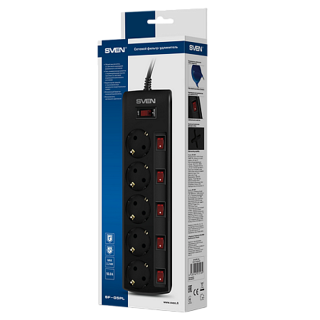 Surge Protector   5 Sockets,  3.0m,   Sven "SF-05PL", BLACK, individual switches, flame-retardant